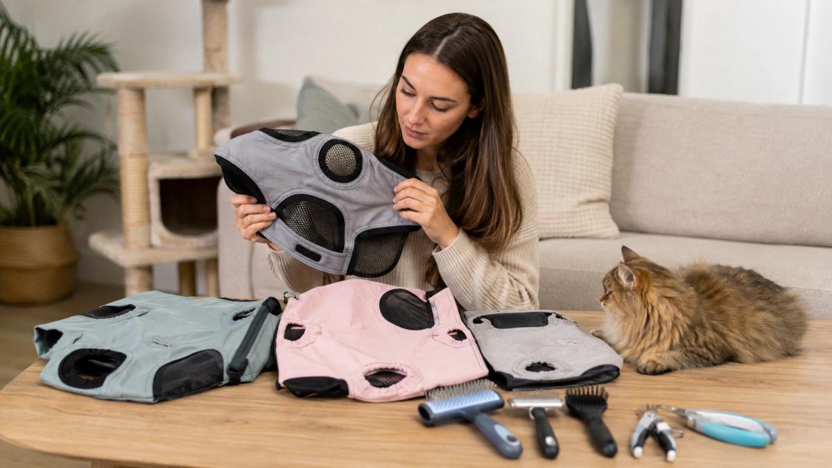 Owner comparing different soft cat grooming bags and grooming tools