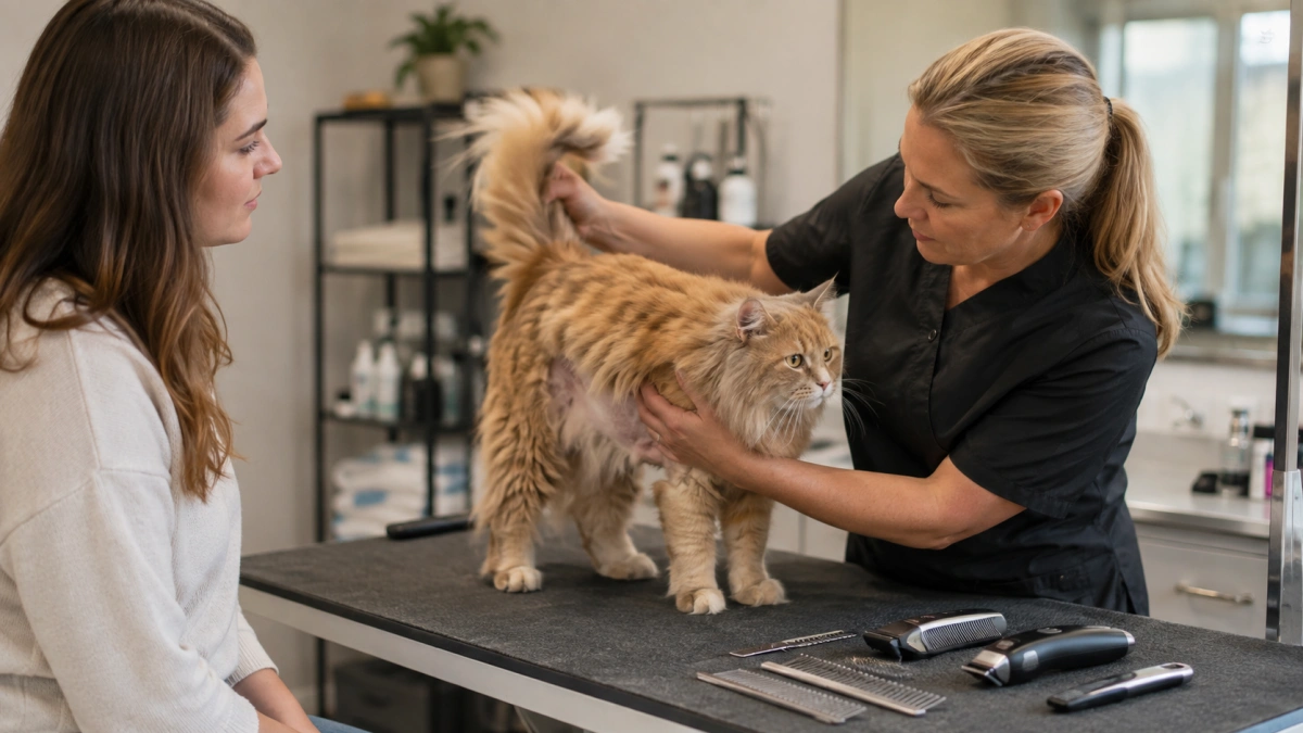 Cat owner and feline groomer assessing coat condition before choosing a grooming style