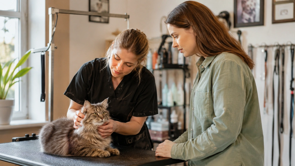 Cat owner consulting an experienced feline groomer in a quiet professional grooming salon
