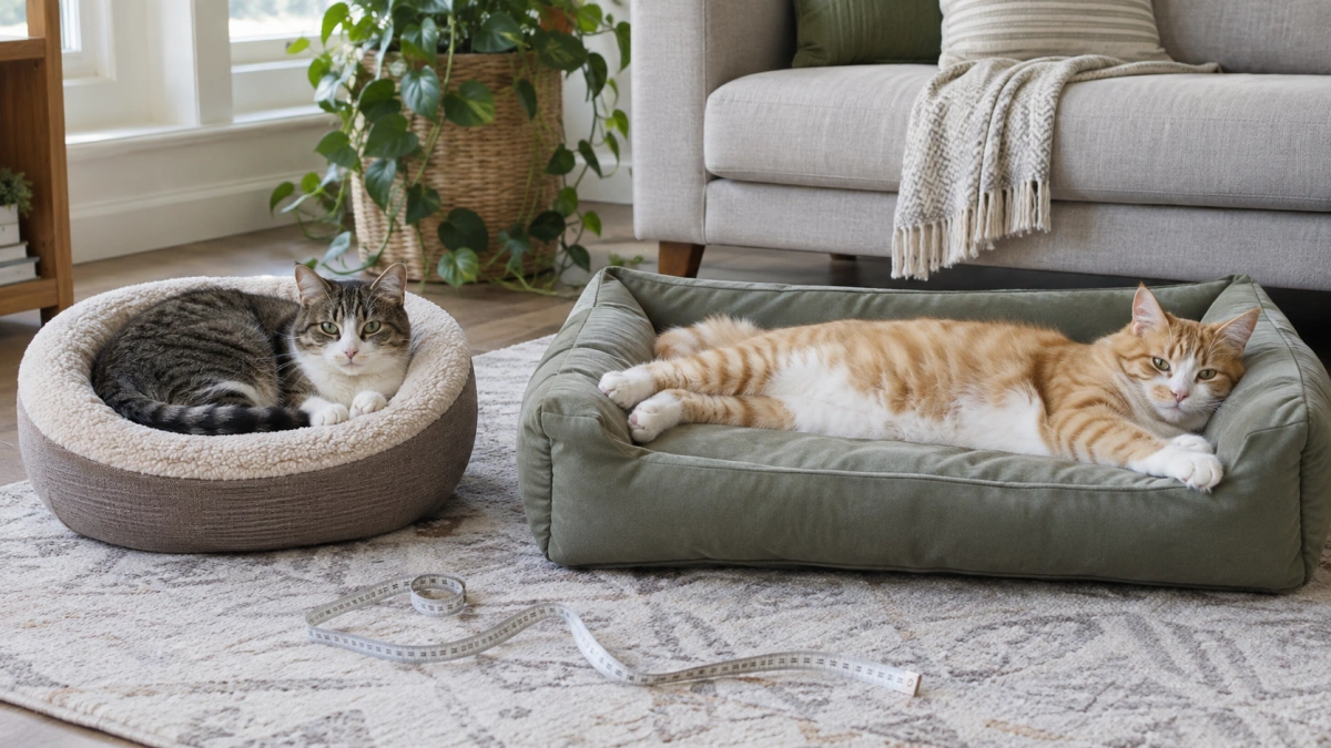 Cats demonstrating different sleeping positions for cat bed sizing