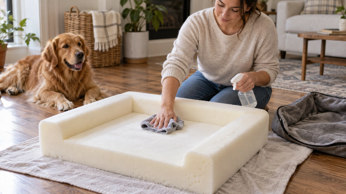 Cleaning a foam dog bed insert with gentle spot cleaning