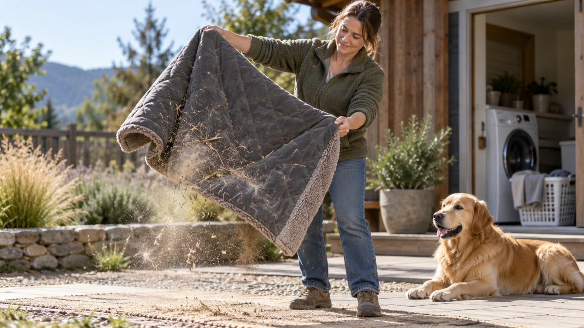Outdoor dog blanket being cleaned after a camping trip