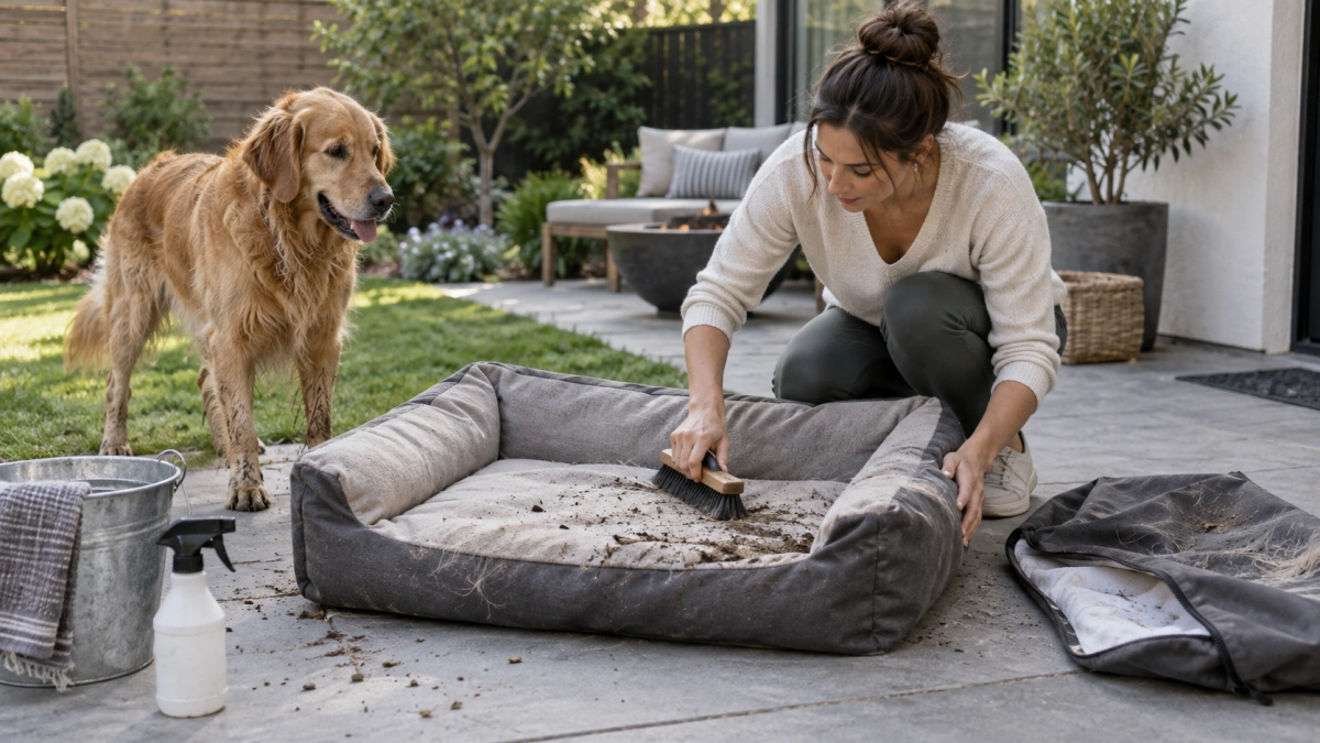 Owner cleaning a muddy outdoor dog bed