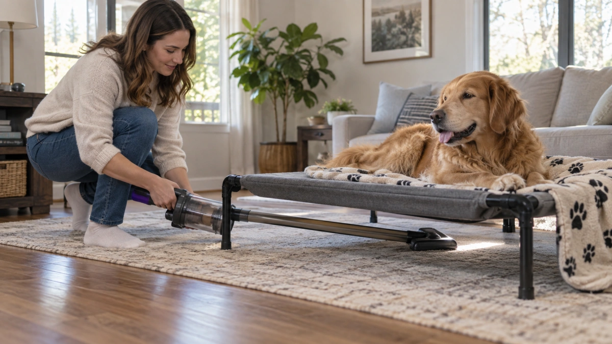 Owner cleaning underneath a raised dog bed