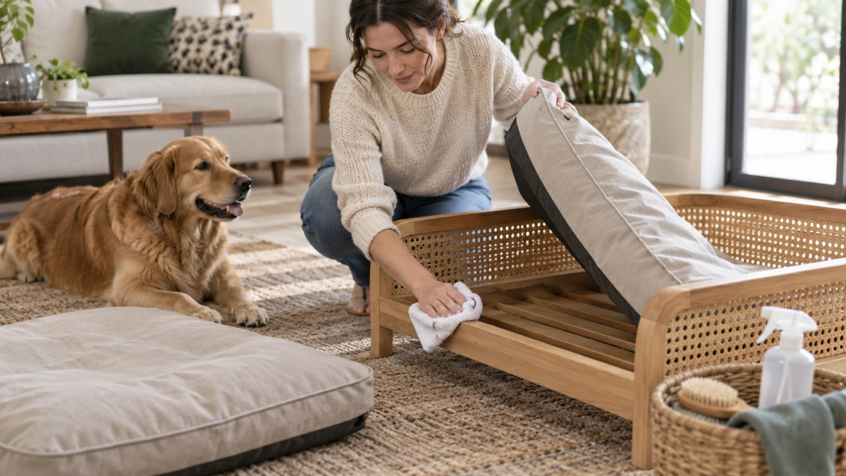 Owner cleaning a removable cushion in a wooden dog bed