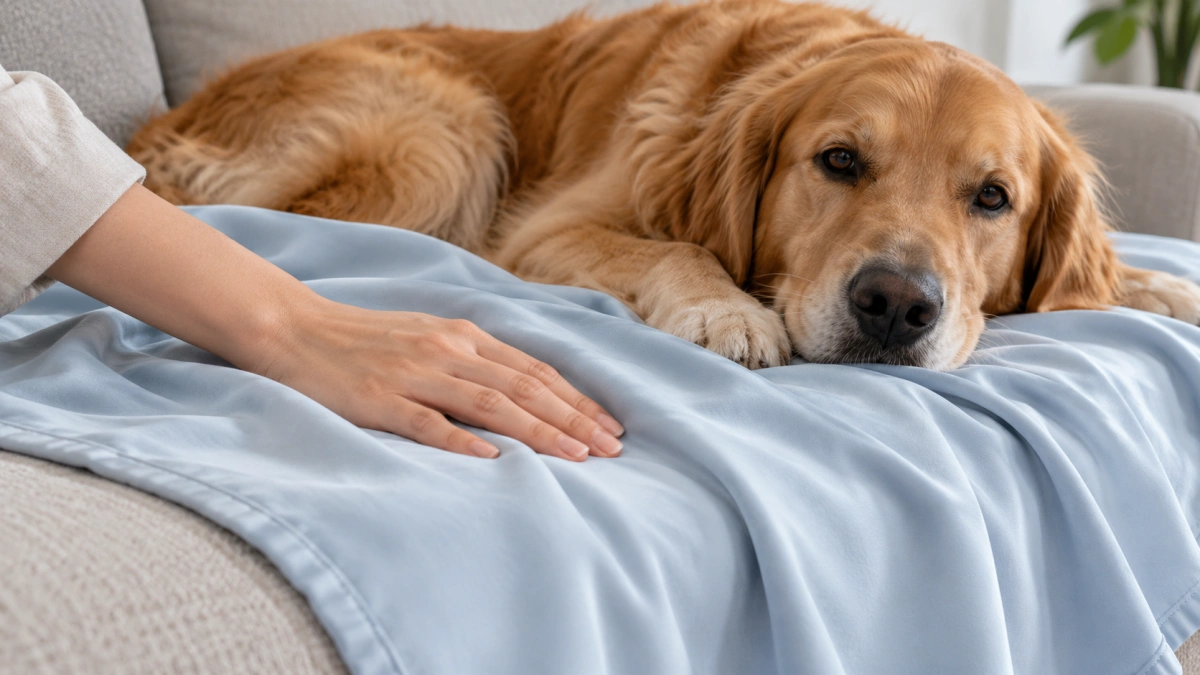 Hand touching smooth cool touch fabric used in a dog blanket
