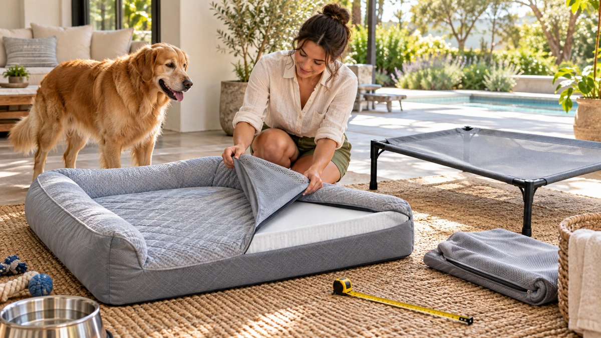 Owner checking cooling dog bed size material and summer features