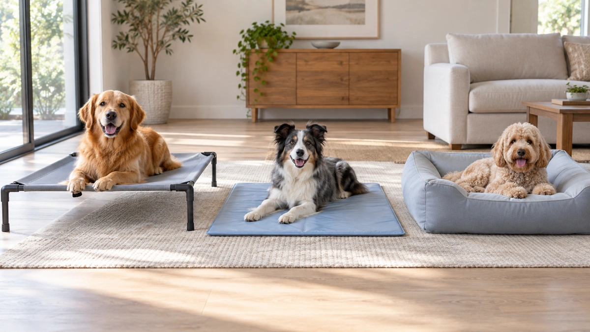 Different types of cooling dog beds including mesh cot mat and foam bed