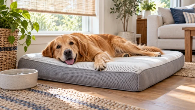 Dog resting on a cooling dog bed in a cool summer home