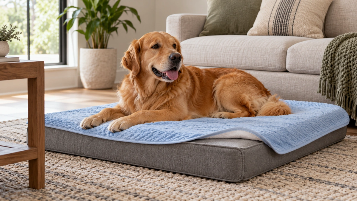 Cooling dog blanket used over a supportive dog bed near a couch
