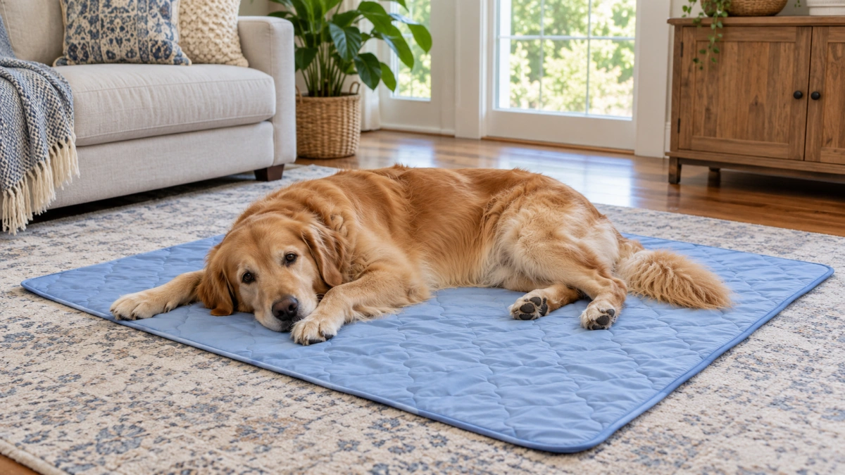 Dog lying fully on a correctly sized cooling blanket