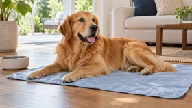 Dog resting on a lightweight cooling blanket in warm weather