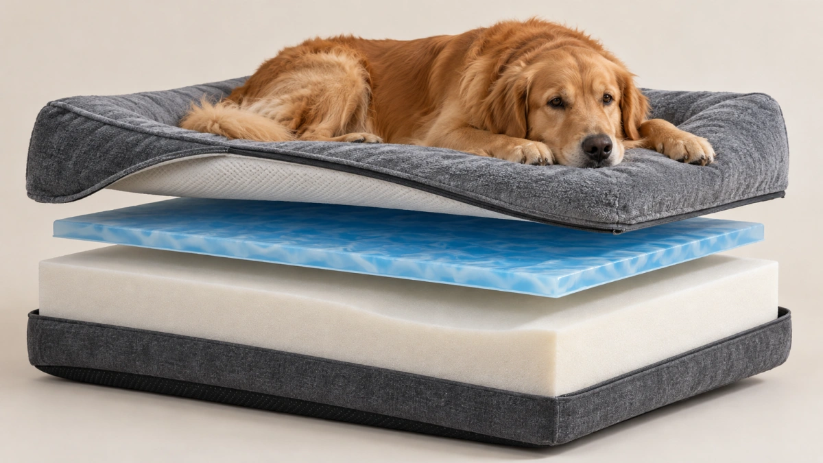 Cooling dog bed with gel layer and supportive foam construction