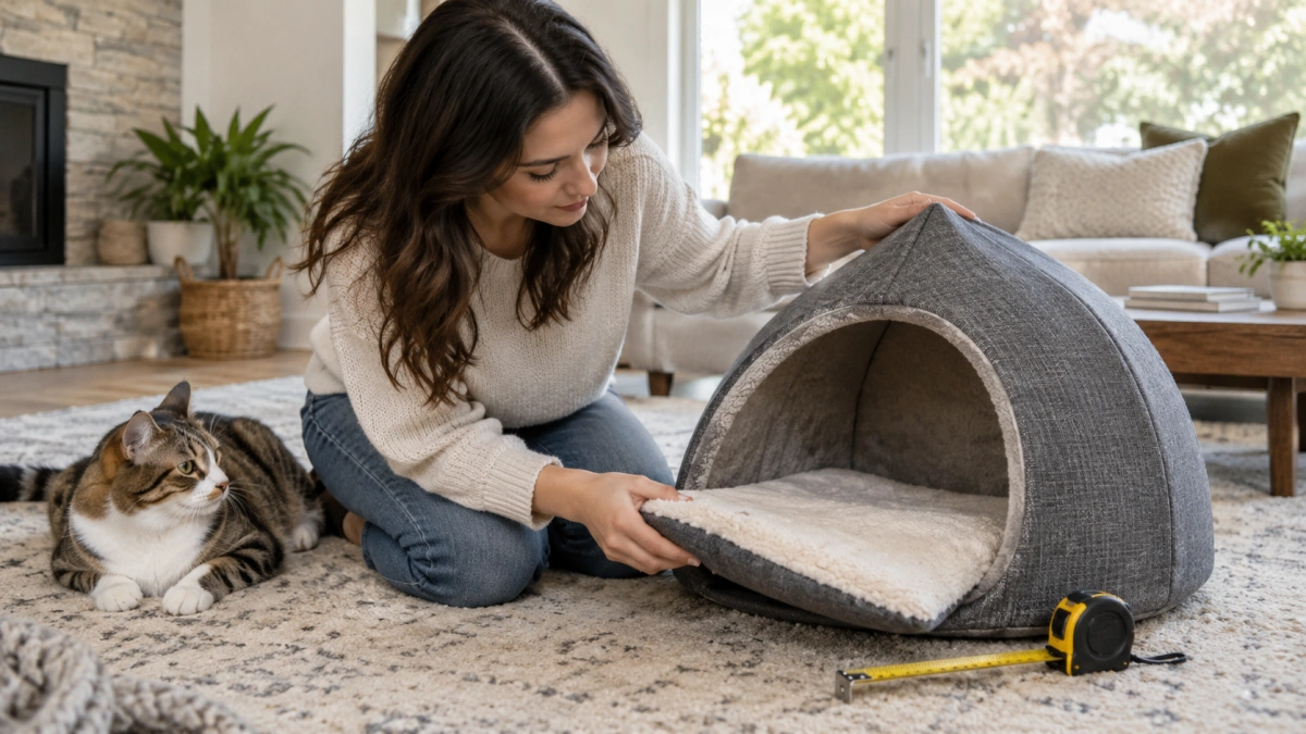 Owner checking size entrance and materials of a covered cat bed