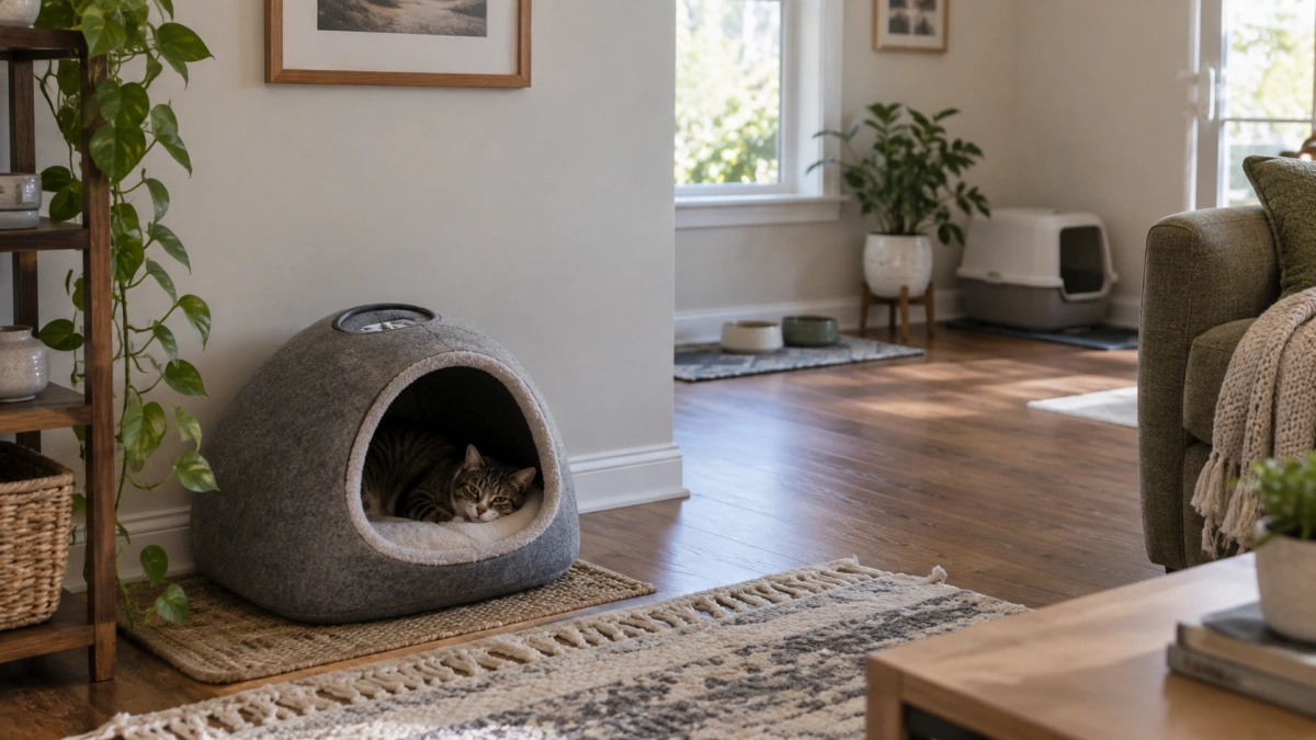 Covered cat bed placed in a quiet familiar sleeping area