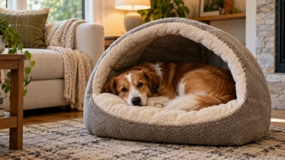 Dog resting inside a cozy covered cave dog bed