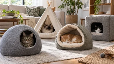 Covered and enclosed cat beds in different cave style designs