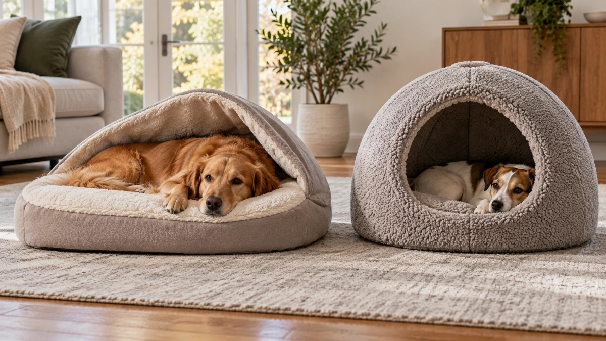 Covered dog bed and cave dog bed showing different enclosure styles