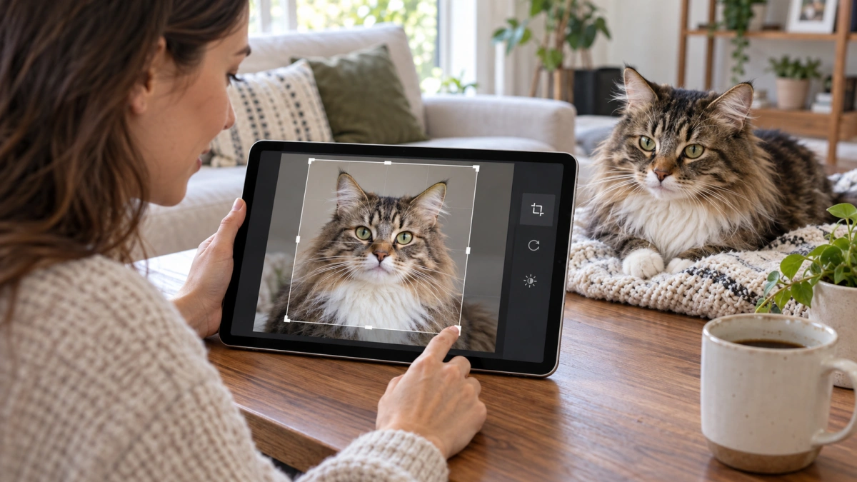 Cat portrait being carefully cropped for a custom blanket
