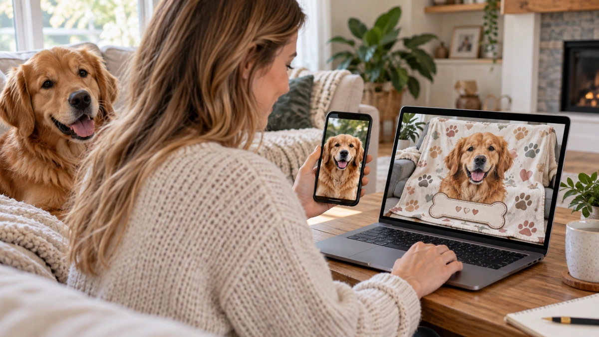 Owner reviewing a digital proof for a personalized dog blanket