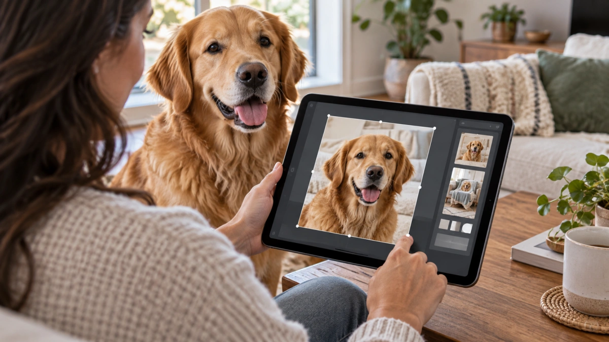 Pet photo being carefully cropped for a custom dog blanket design