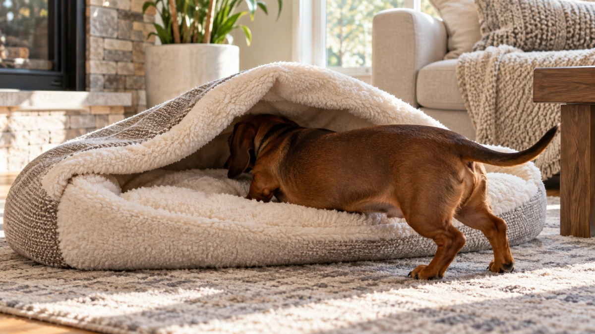 Dachshund burrowing into a covered cave style dog bed