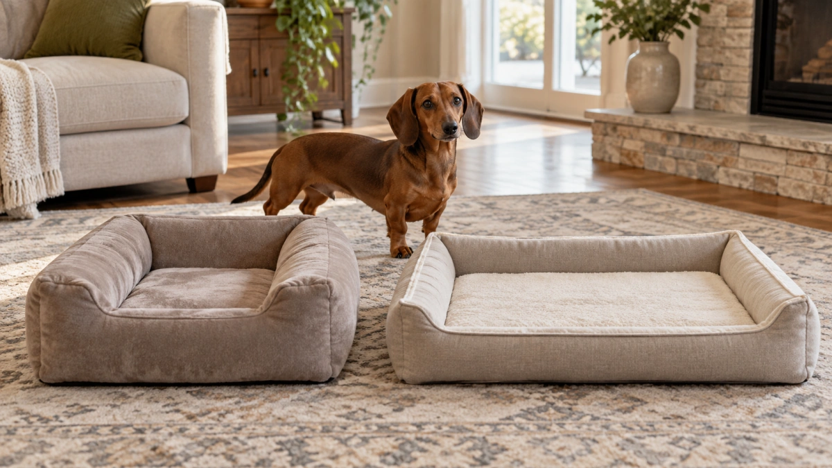 Dachshund comparing exterior dog bed size with usable sleeping area