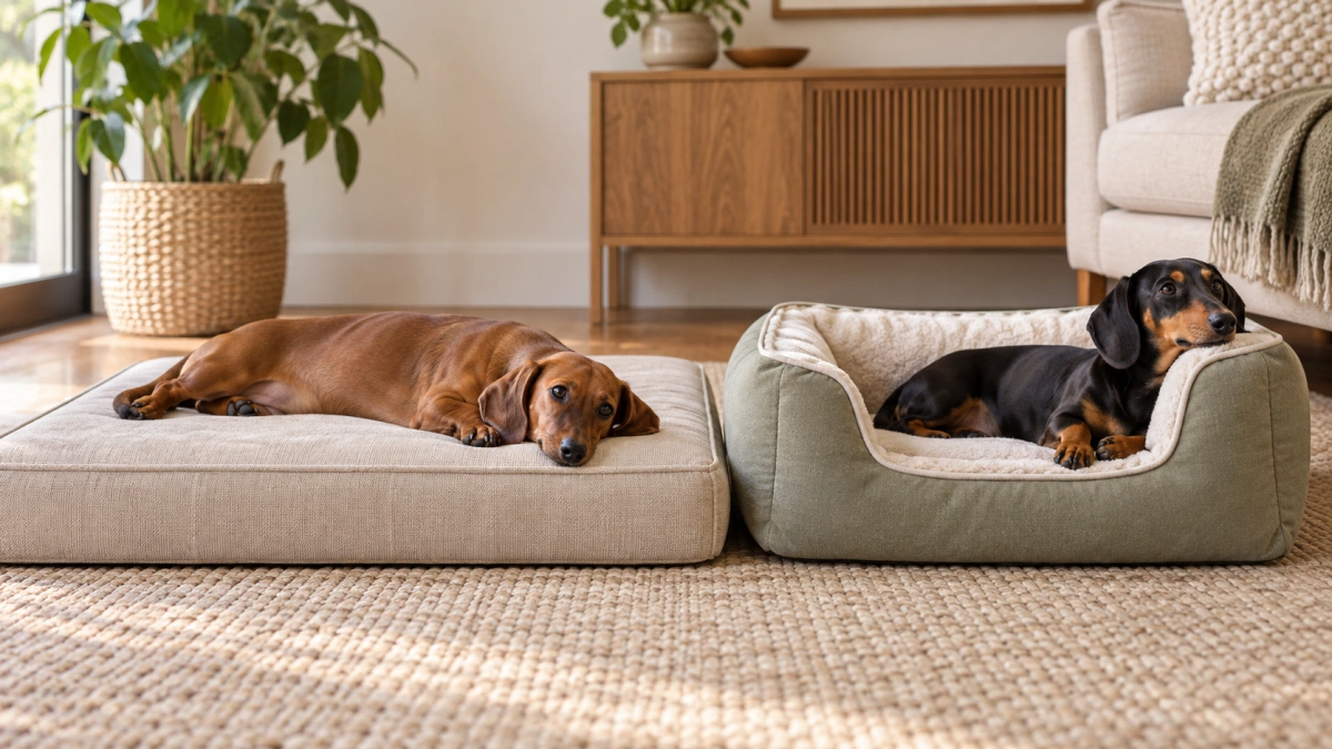 Mattress and low entry bolster dog beds for Dachshunds