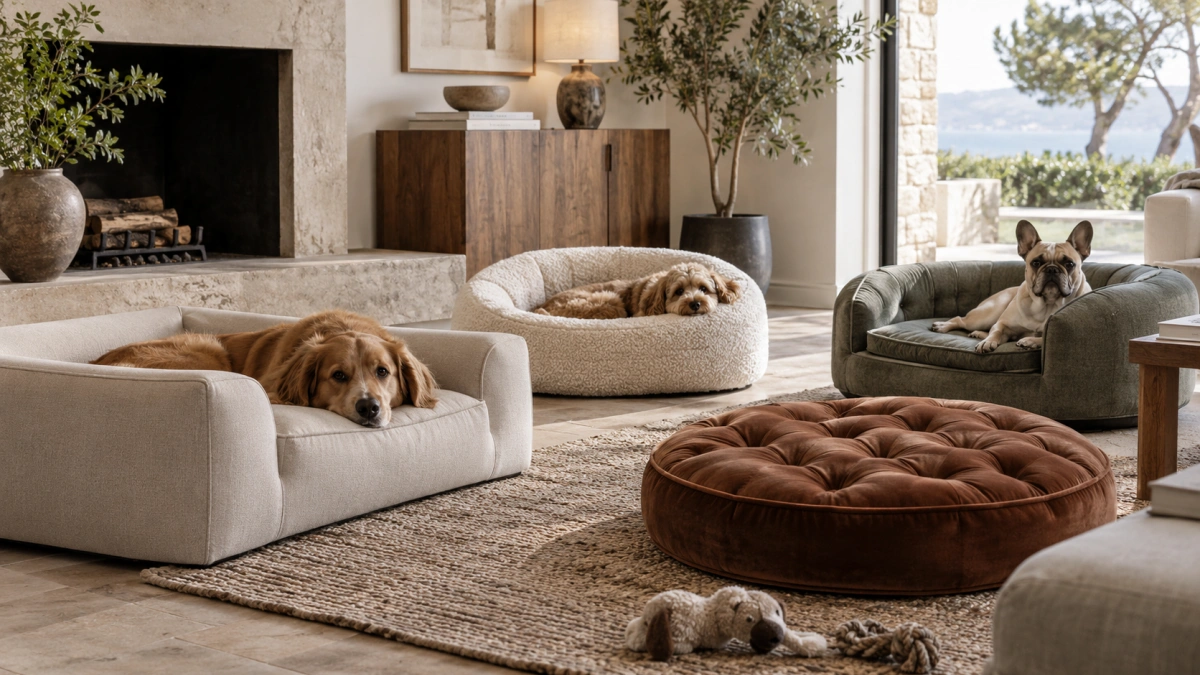 Different designer dog bed styles in modern interiors