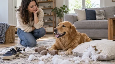 Dog owner understanding destructive dog behavior through positive training