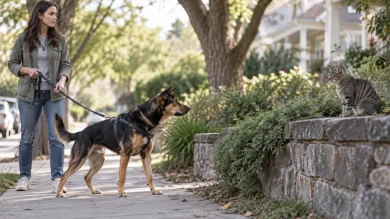 Dog owner observing warning signs of aggressive dog behavior