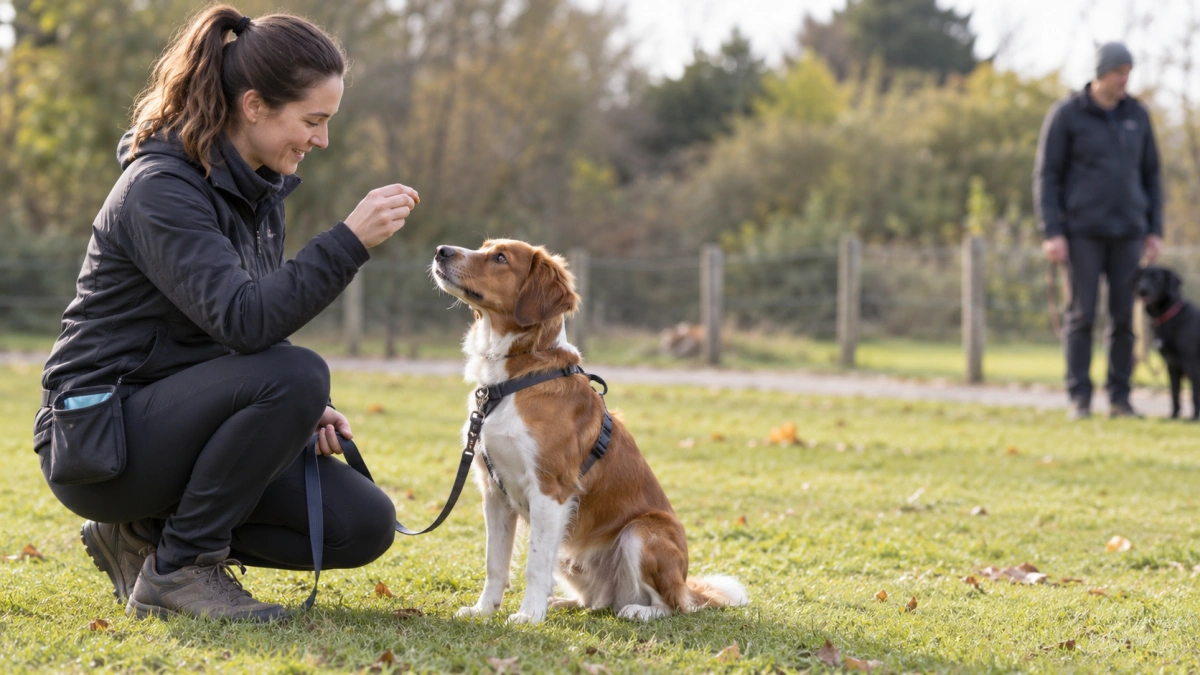 Dog receiving positive reinforcement during aggression behavior training