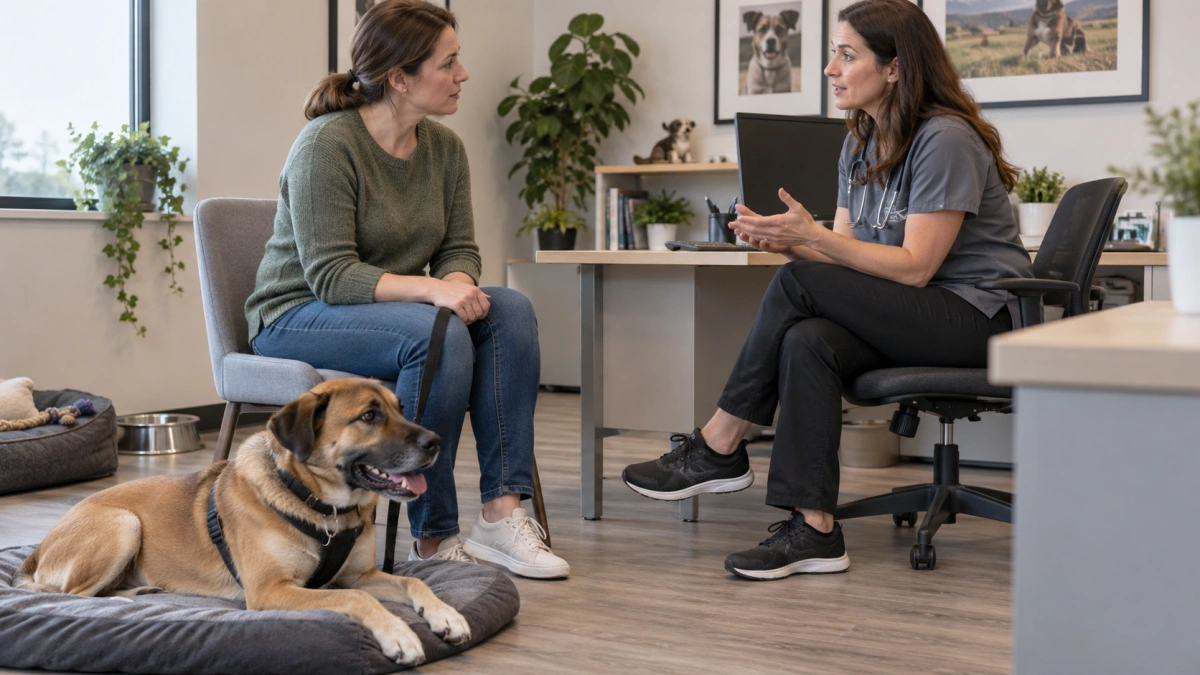 Dog owner discussing aggressive behavior with a qualified professional