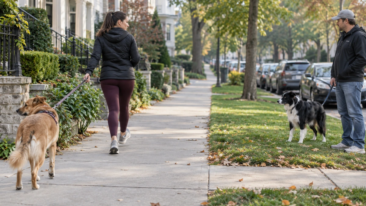 Owner safely managing an aggressive or reactive dog using distance