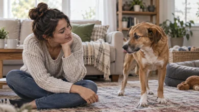 Dog owner understanding anxiety behavior and stress signals in a dog