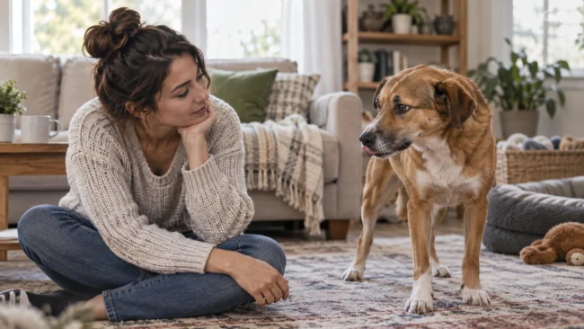 Dog owner understanding anxiety behavior and stress signals in a dog