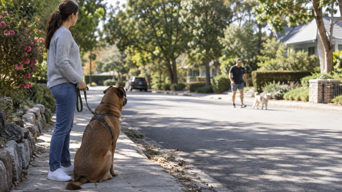 Owner managing triggers that cause anxiety in a dog