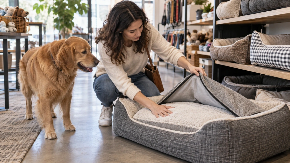 Owner checking dog bed size materials and washability before buying