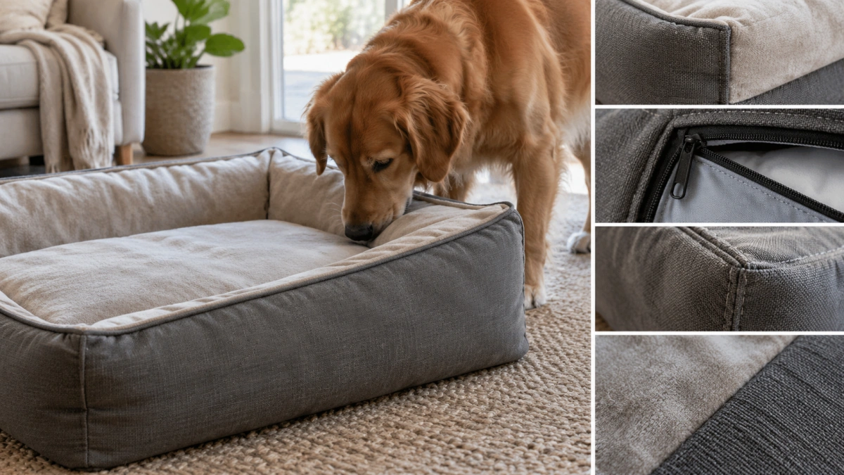 Dog bed weak points including corners seams edges and zipper areas