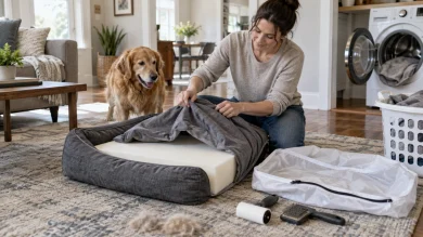 Owner cleaning a dog bed with washable cover and foam layers