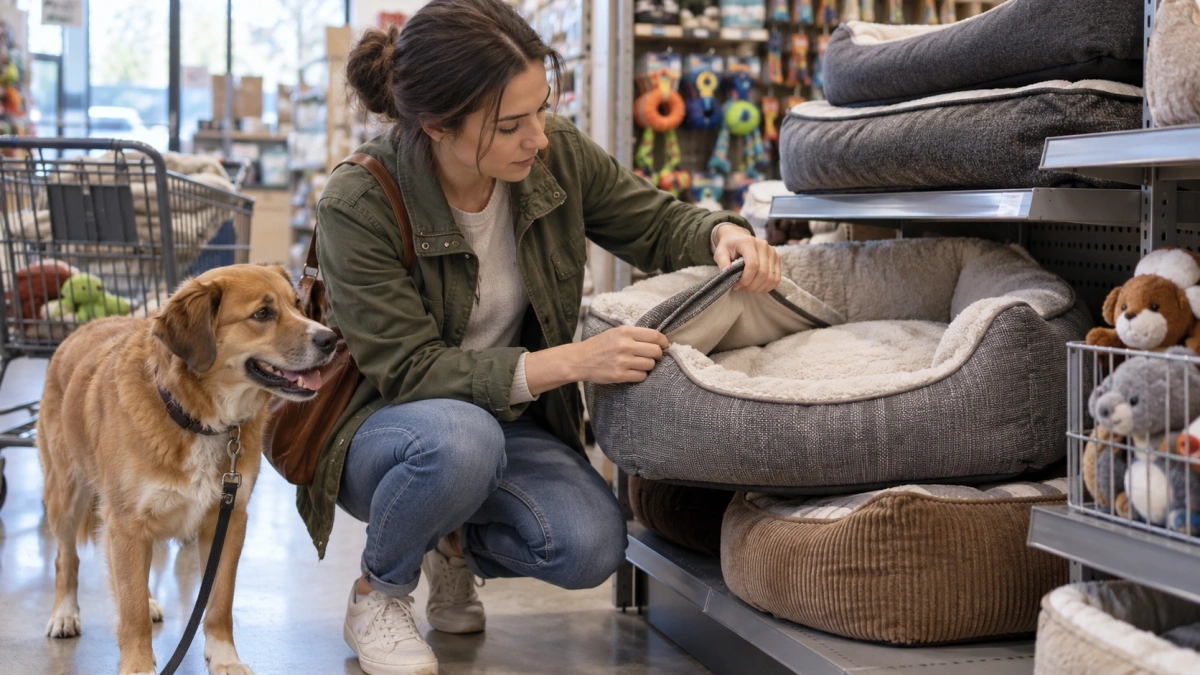 Owner checking a clearance dog bed before buying