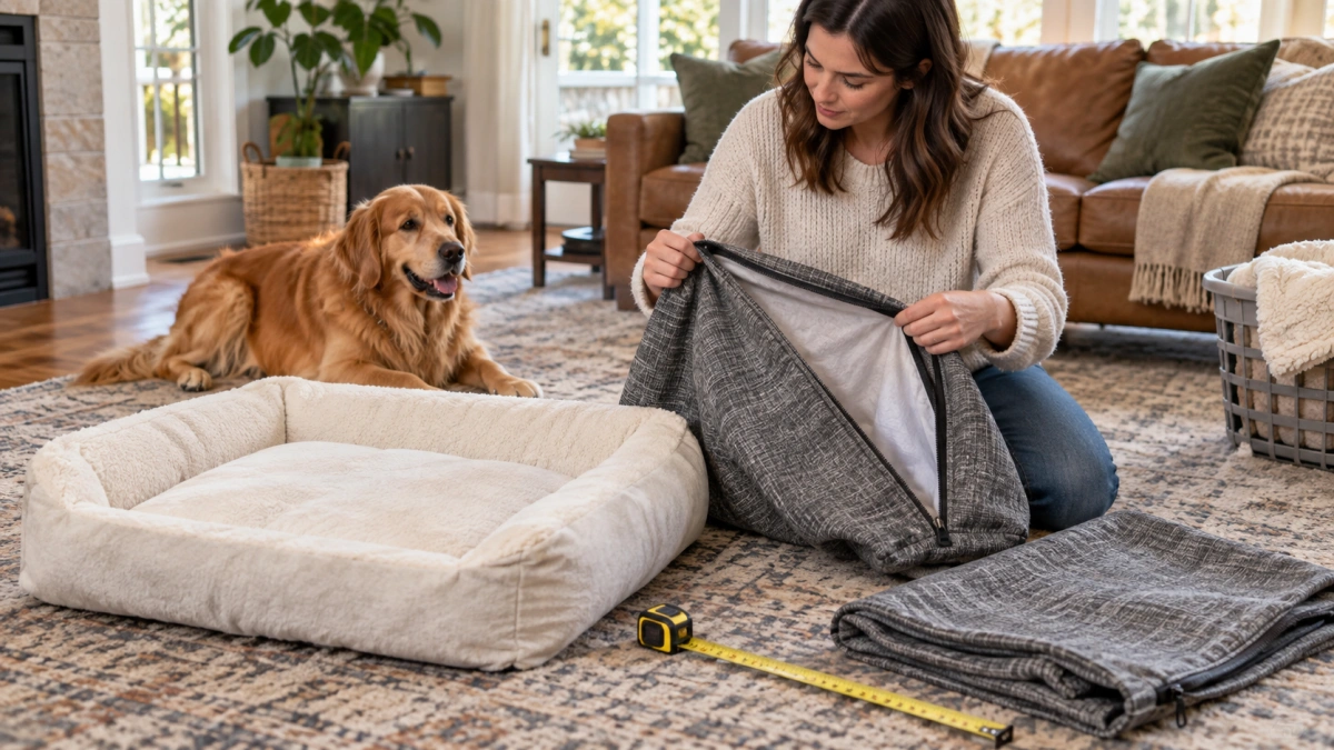 Owner checking replacement dog bed cover size fabric and zipper fit