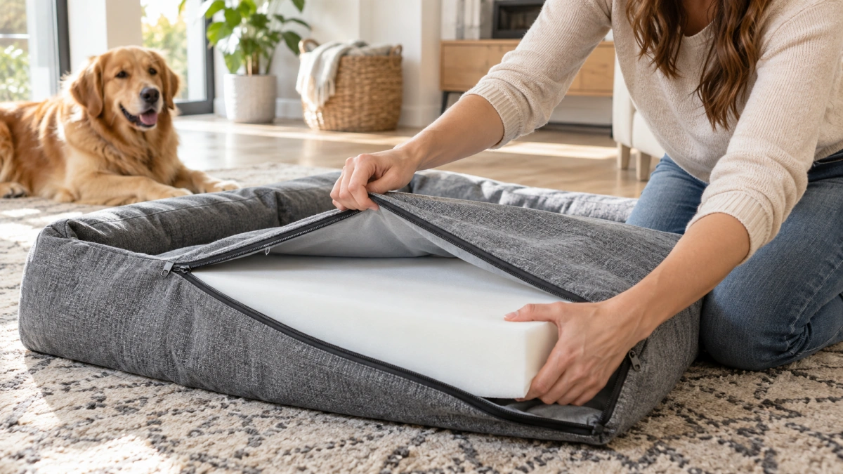Wide zipper opening on a removable dog bed cover