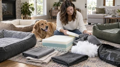 Owner comparing dog bed materials including foam fabric and filling