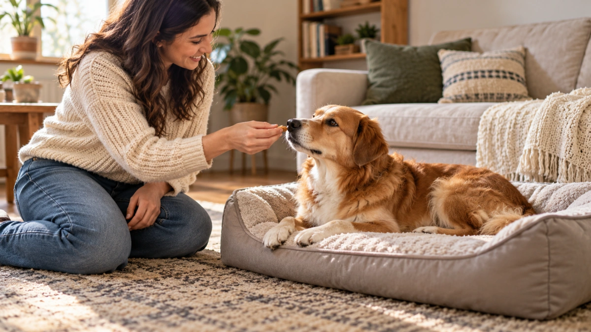 Dog voluntarily relaxing on a bed during positive place training