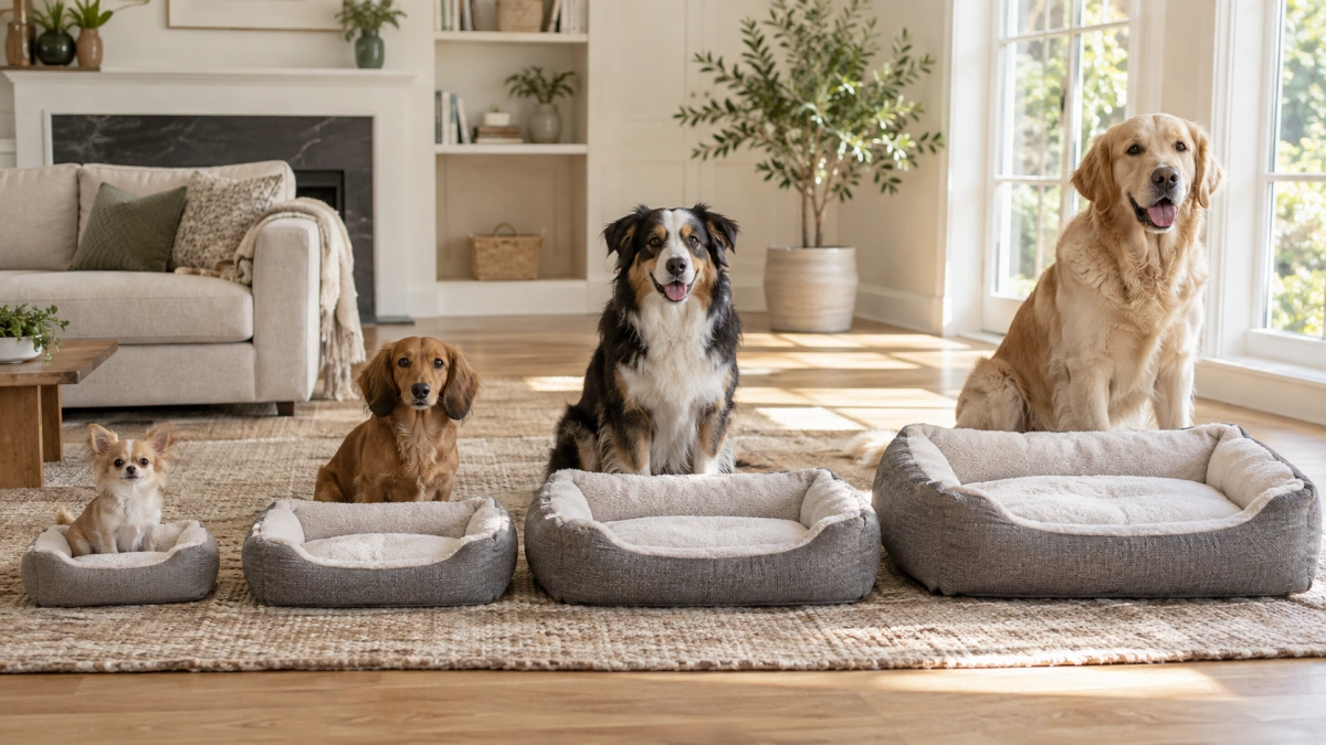 Different dog bed sizes compared from small to extra large