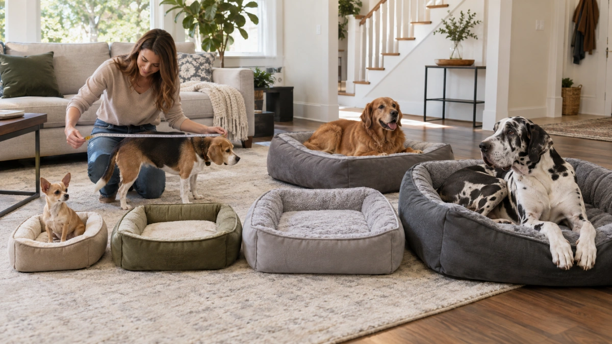 Owner choosing dog bed sizes based on dog size and sleeping style