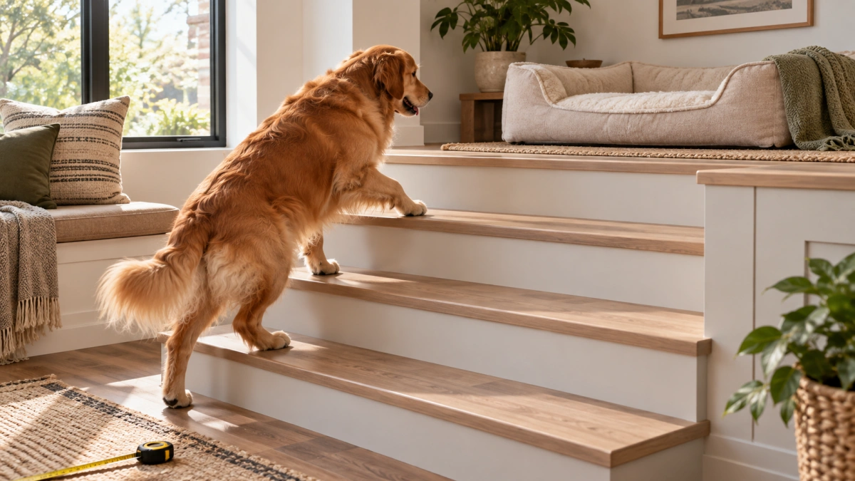 Dog using wide low rise steps on an elevated dog bed