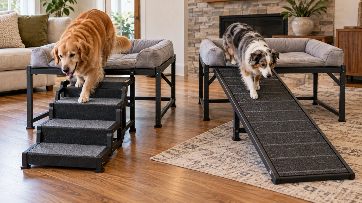 Built in dog bed steps compared with a dog ramp