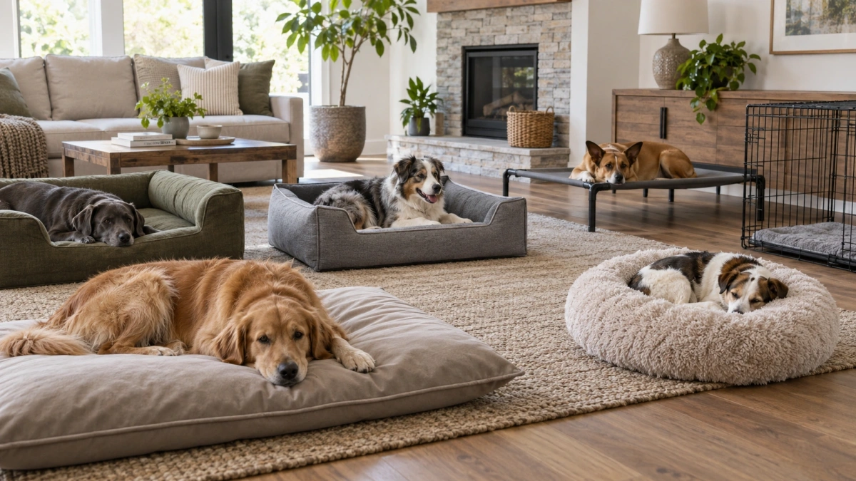 Common dog bed types including pillow bolster donut and elevated beds
